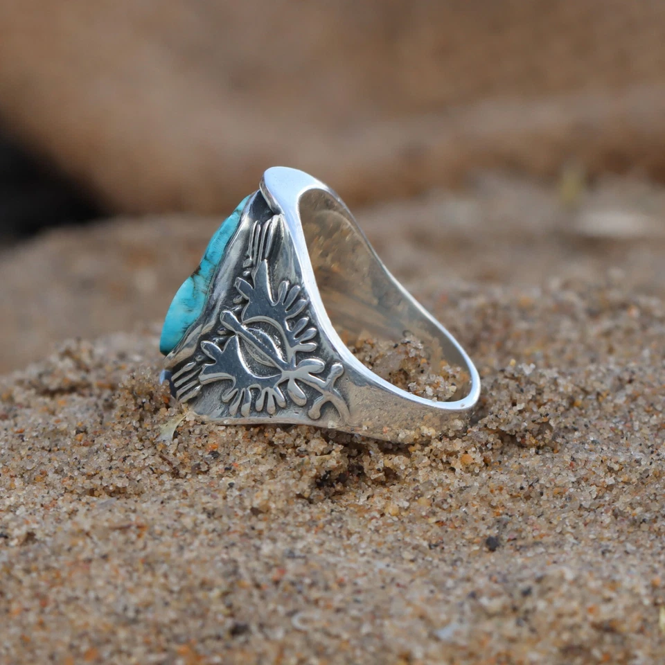 ANILLO TURQUESA RUGOSO NATURAL PARA HOMBRE Y MUJER ANILLO DE PLATA DE LEY 925 REGALO ÉL Foto 3 de 4