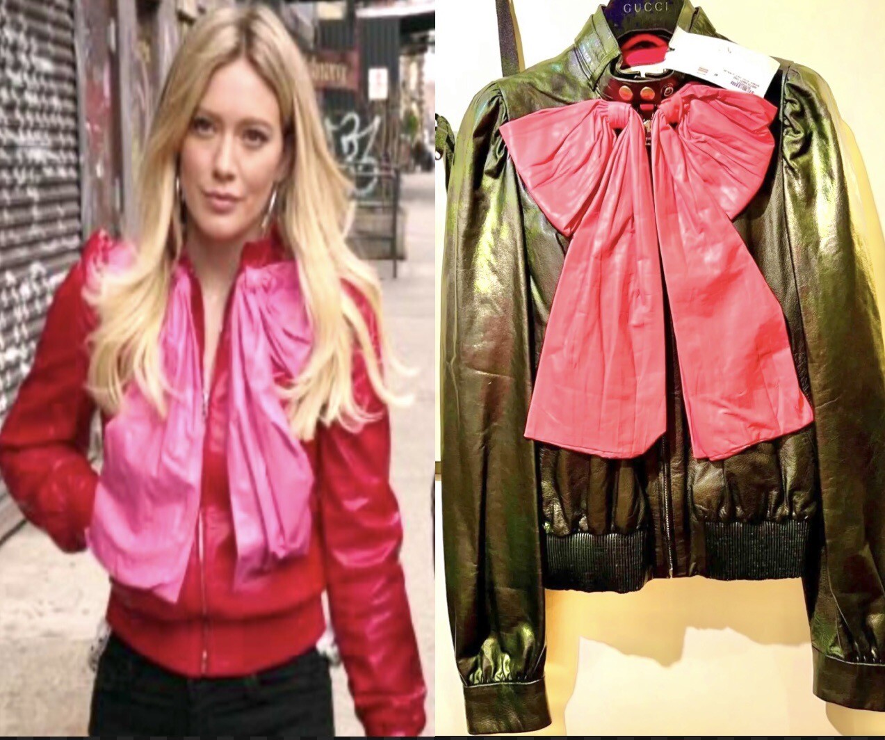 5K New Gucci 2017 Black Leather Bomber Jacket 38 40 2 4 Coat Pink Bow Top S M image 8