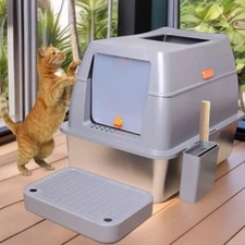 XXL Cat Kitty Litter Box Enclosed& Semi-open Stainless Steel Cat Litter Pan Tray