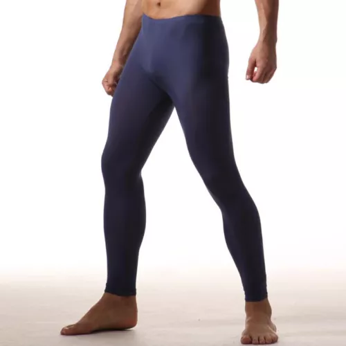 Men Sexy Ice Silk Leggings Sheer See-through Slim Tight Long Johns Trousers - Picture 20 of 33