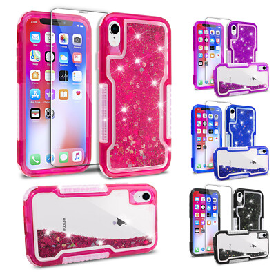 Heart Liquid Glitter Quicksand Case With Screen Protector For iPhone X XS Max XR