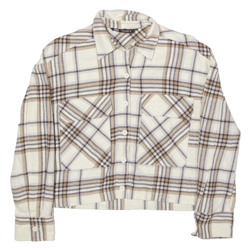 ZARA Womens Flannel Shirt Cream Plaid Long Sleeve S eBay