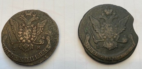 2 coin set !  IMPERIAL RUSSIA KATHERINE THE GREAT 5 KOPEKS 1777 EM and 1769 EM  - Picture 2 of 4