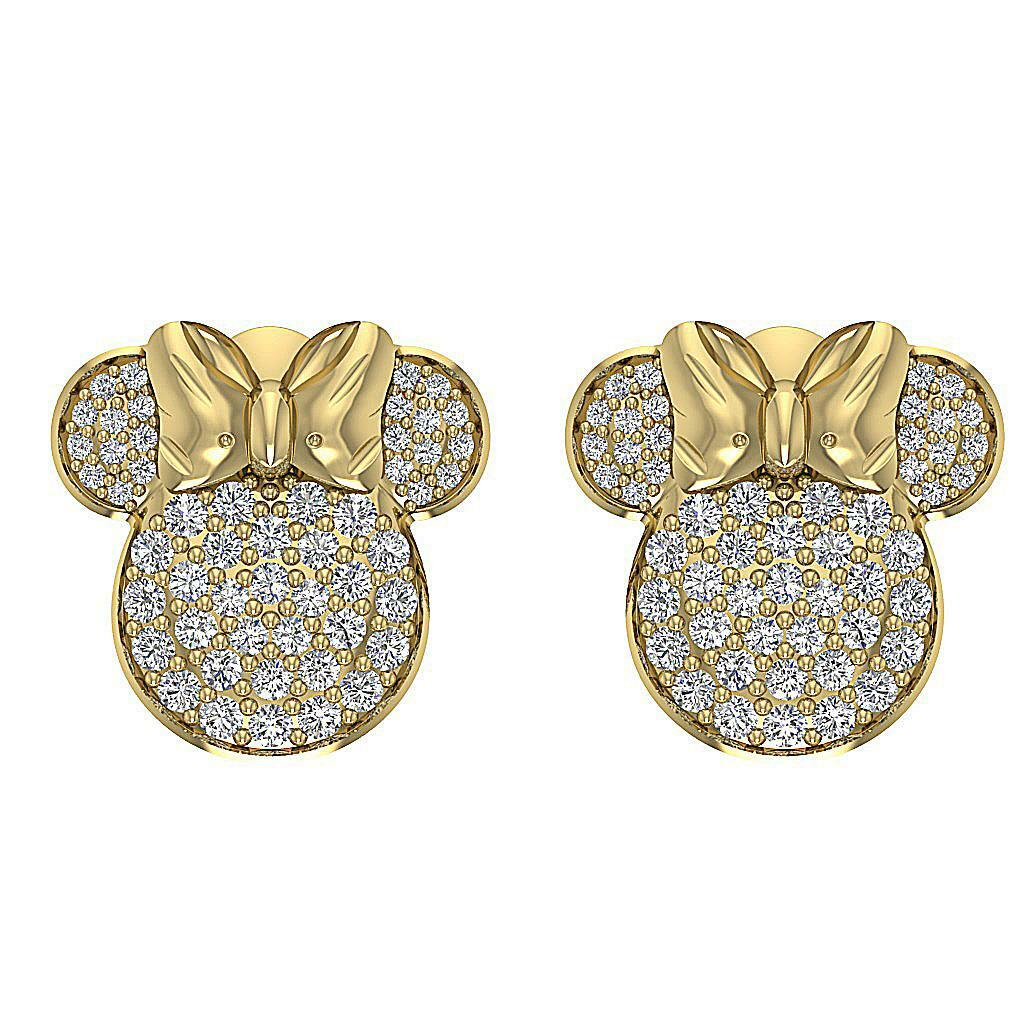 VVS1 F Natural Diamond Minnie Mouse Earrings Stud 14K Gold Pave Set 