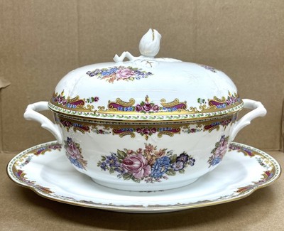 T. Limoges France Pink & Purple Flowers & Gold Serving Platter, Bowl, & Lid.