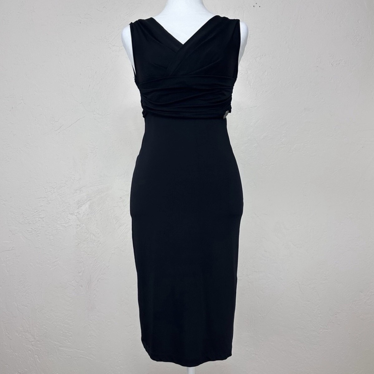 Galliano Black Draped Stretch Jersey Dress with Double V Neck 42 IT 6 US Galliano Black Draped Stretch Jersey Dress with Double V Neck 42 IT 6 US