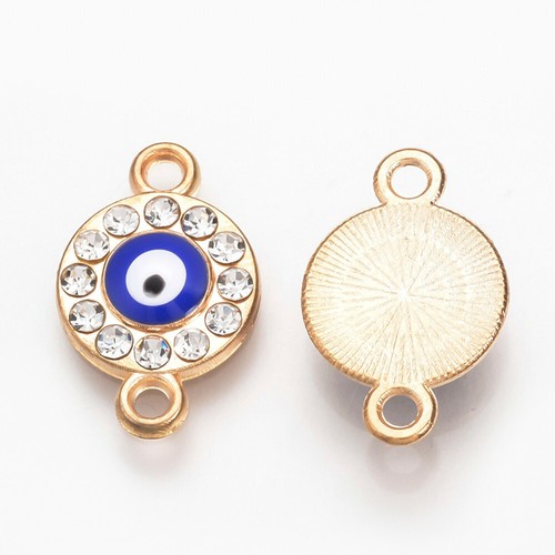 Rhinestone Enamel Links Connectors Flat Round with Blue Evil Eye Light Gold 5pcs - 第 1/2 張圖片