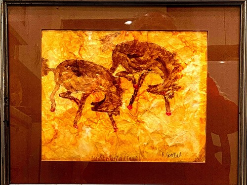 SIGNED GOTTLIER VINTAGE ABSTRACT WATERCOLOR ON CRUMPLED PAPER 2 WOLFES PAINTING - Picture 3 of 6
