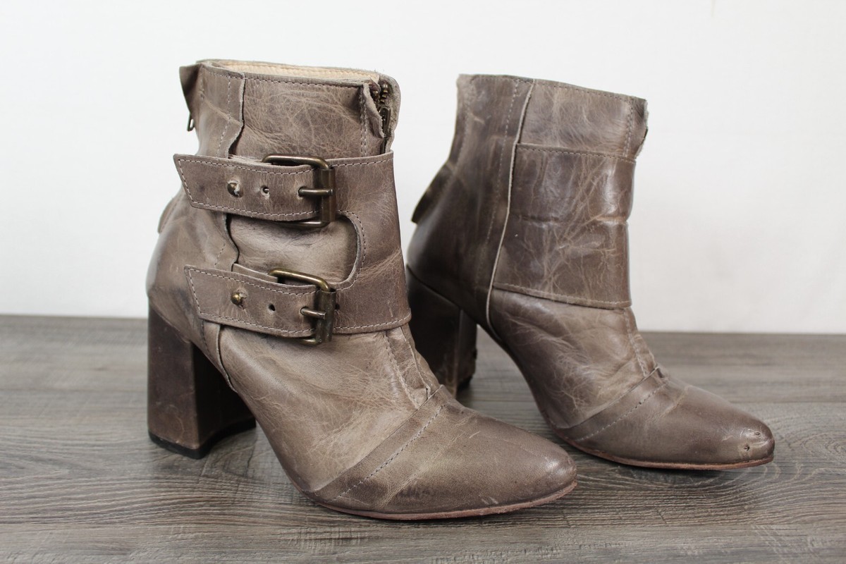 Sz Damaged FREEBIRD by STEVEN JOEY Size Stone Gray Zip Booties Buckle  boots