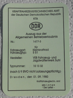 AGB für Kleinkrafträder S51, Stempel, Simson, DDR, Oldtimer