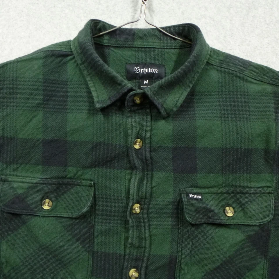 Camisa Brixton Para Hombre Mediana Verde Negra Franela a Cuadros Abotonada Manga Larga Tejida Foto 3 de 4