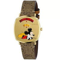 Gucci Disney Grip YA157420 Unisex Uhr 35Mm Gold Edelstahl Quarz Braun Leder