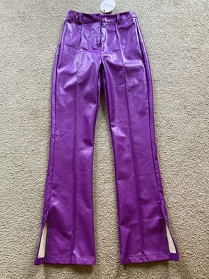 Boohoo Purple Faux Leather Polyurethane Split Cuff Pants, NWT Sz 4