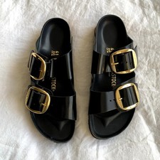 Birkenstock Arizona Big Buckle Sandals Natural High Shine Patent Leather Black