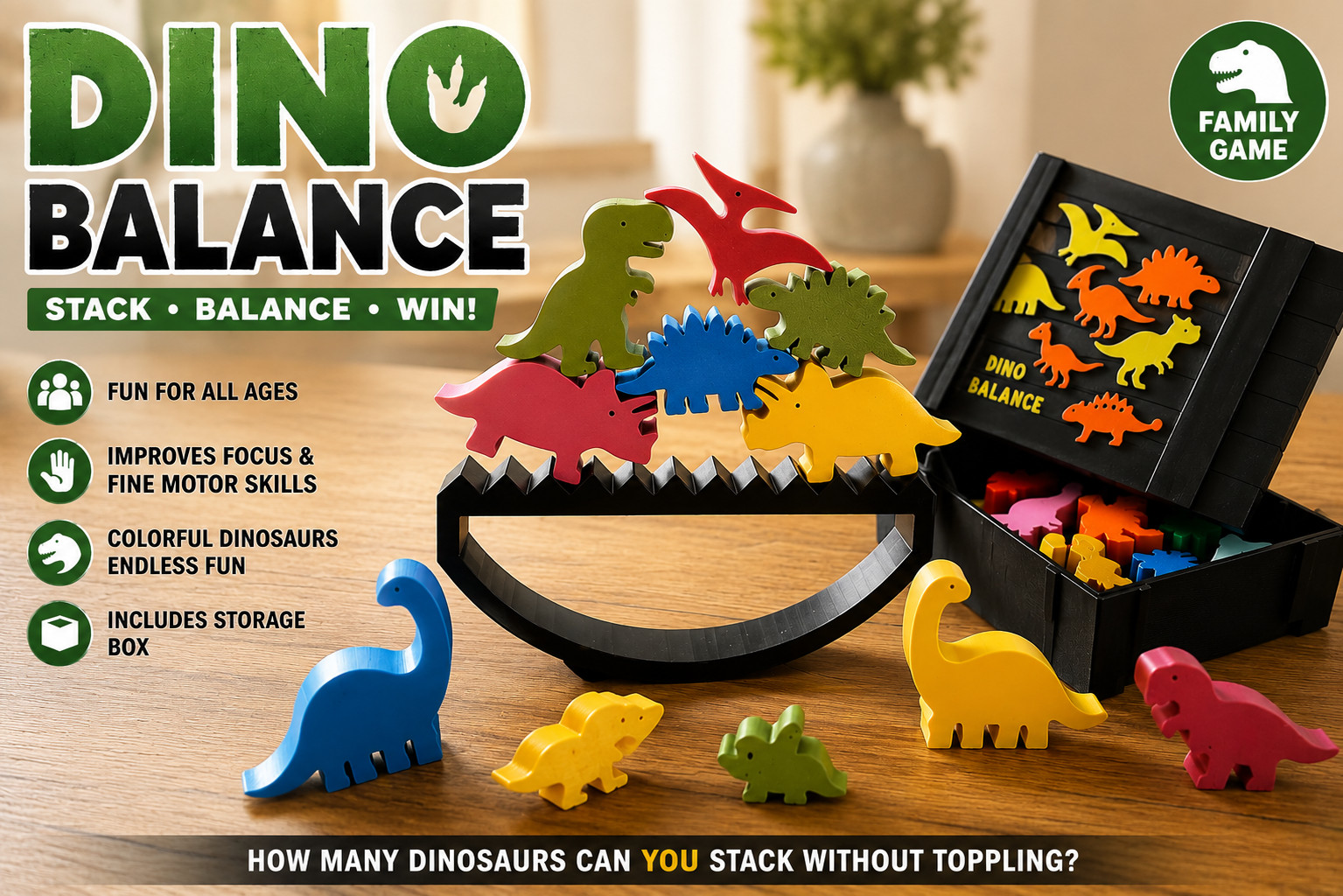 Dinosaur Balance Game with Storage Box, Dino Stacking Game, 3D Printed Family Ga