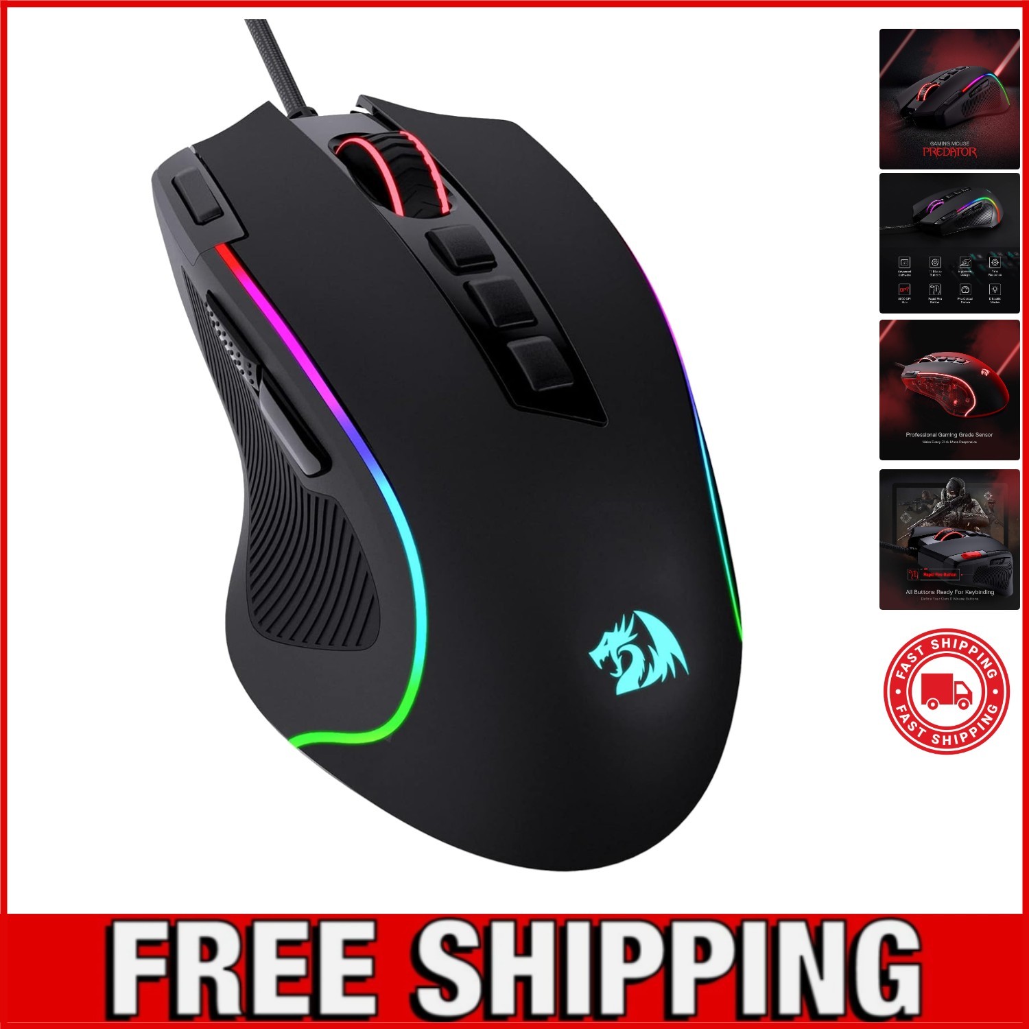 M612 Predator Wired Optical Mouse - Comfort Grip, RGB, 8000 DPI Precision