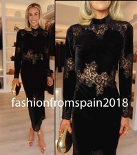ZARA NEW WOMAN MIDI VELVET LACE DRESS FLORAL BLACK XS-XL 2157/244/800