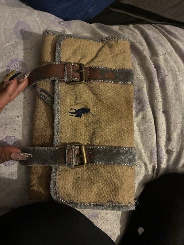 Ralph Lauren Canvas Roll-Up Travel Toiletry Bag w/ Leather Buckle Straps, Pouch