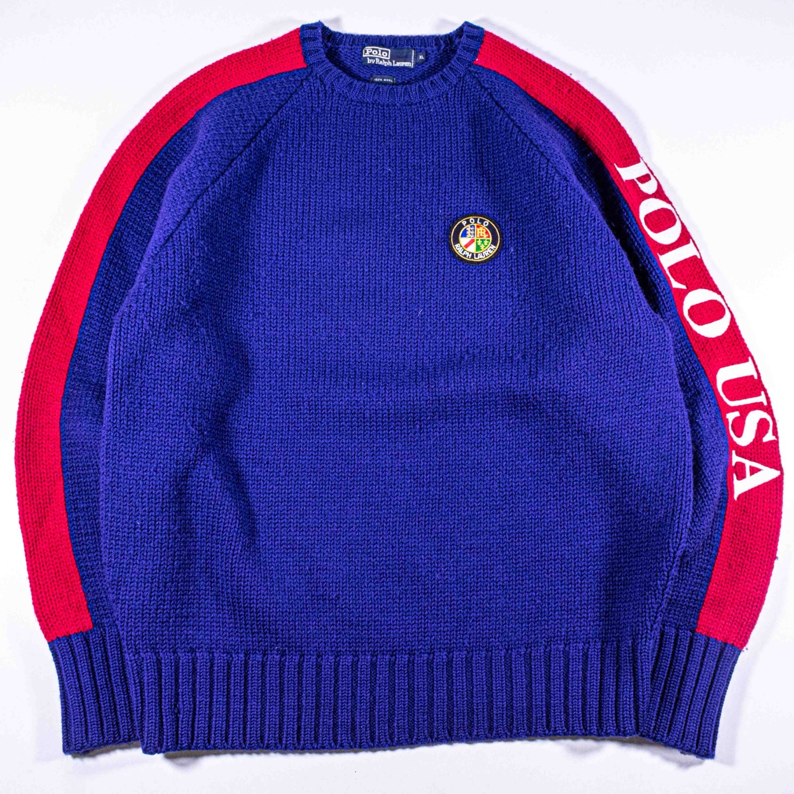 Vintage Polo Ralph Lauren Cookie Crest USA Knit Sweater XL Made in USA Wool 80s