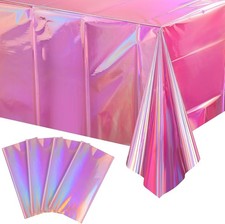 4 Pack Iridescent Pink Plastic Tablecloths, Shiny Disposable Laser Rectangle