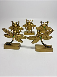 5 Vintage Gold Tone Insect Place Card Holders Dragonflies & Bees Metal