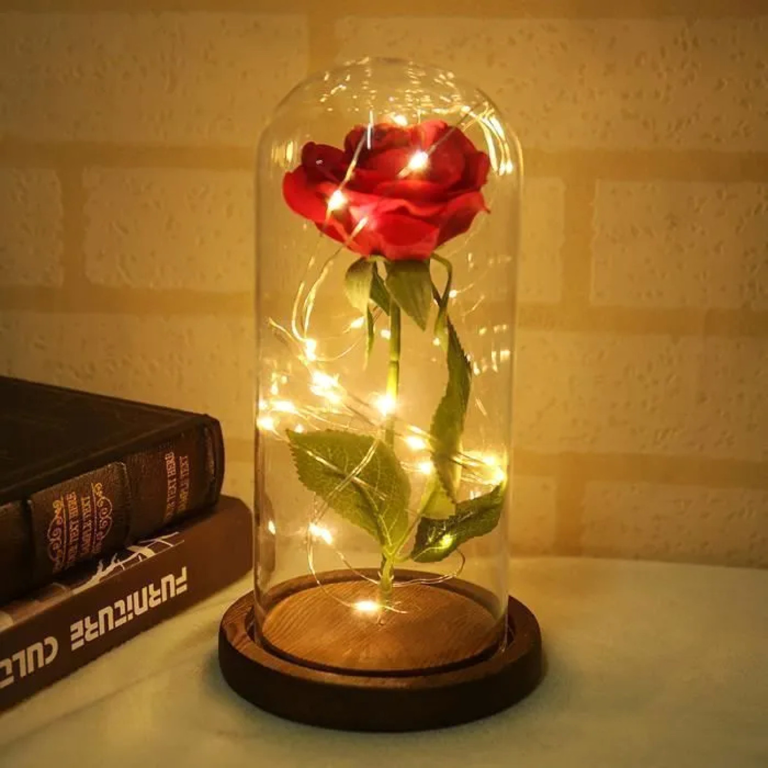 Rose éternelle sous cloche LED La Belle et la Bête marron pour femme