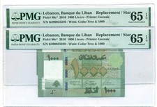 Lebanon Two (2) 2016 1000 Livres Replacement / Star Notes Gem Unc 65 EPQ PMG