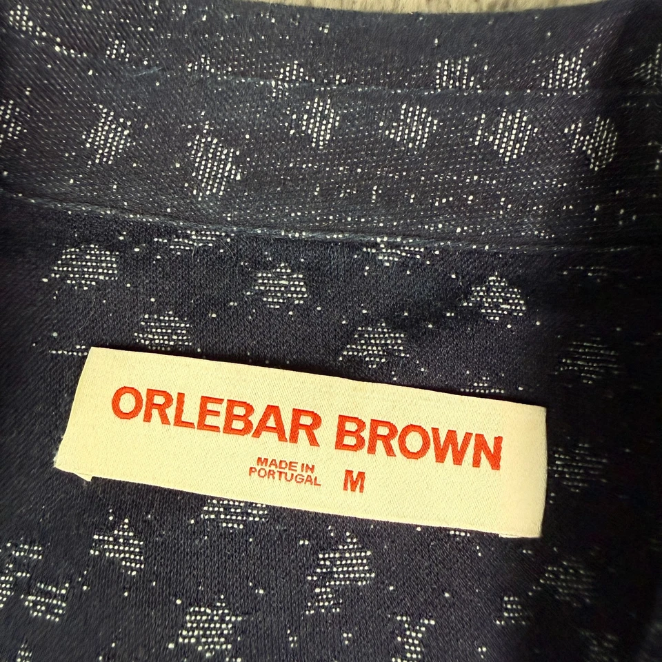 Orlebar Brown Hibbert Jacquard Denim Shirt Mens M Blue Geometric Camp Collar - Image 3 of 4