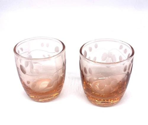Vintage Pink Depression Pair of Shot Glasses with an Etched Floral Pattern(G3)