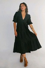Faithfull The Brand Aberdeen Black Linen Midi Dress Women's Size XS Puff Sleeve 
