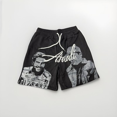 ASAALI Mens Black/White Graphic Cartel Print Drawstring Sweat Shorts Size L