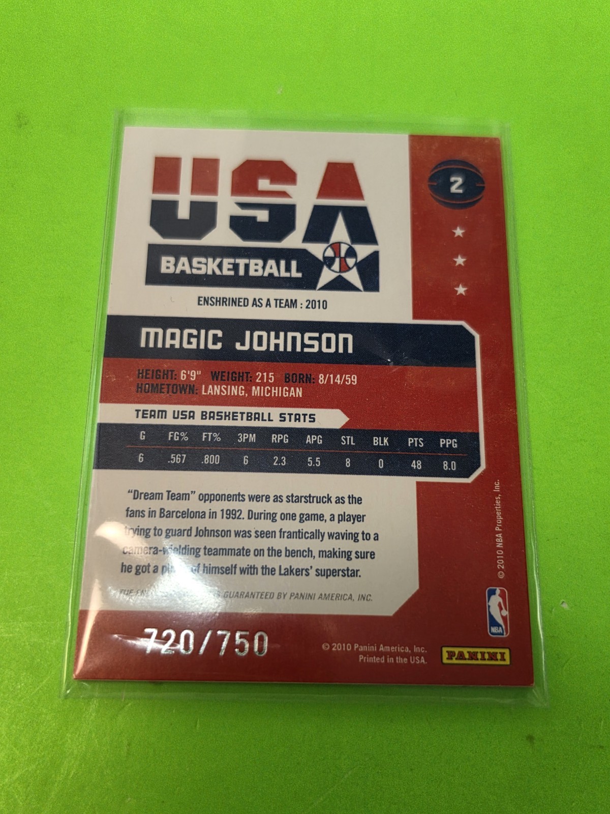 Magic Johnson 2010 Panini USA Dream Team Game Threads Jersey 720/750  view 3