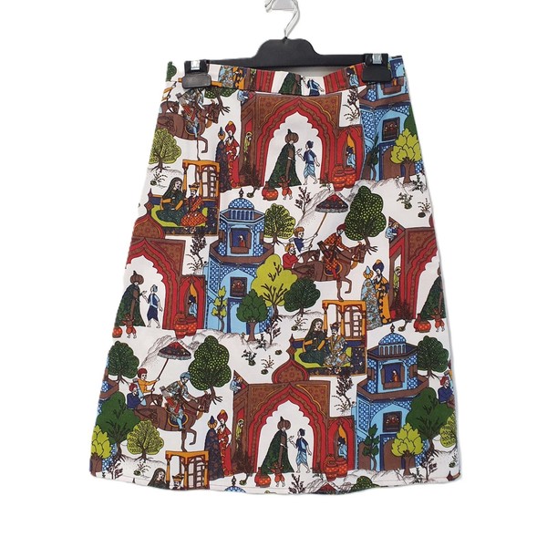 Meta Design Co Size S Moroccan Scene Novelty Print Cotton Linen A-Line Skirt