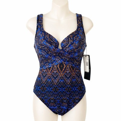Miraclesuit One Piece Swimsuit Criss Cross Escape in Thebes Size 8 Blue Geo NWT