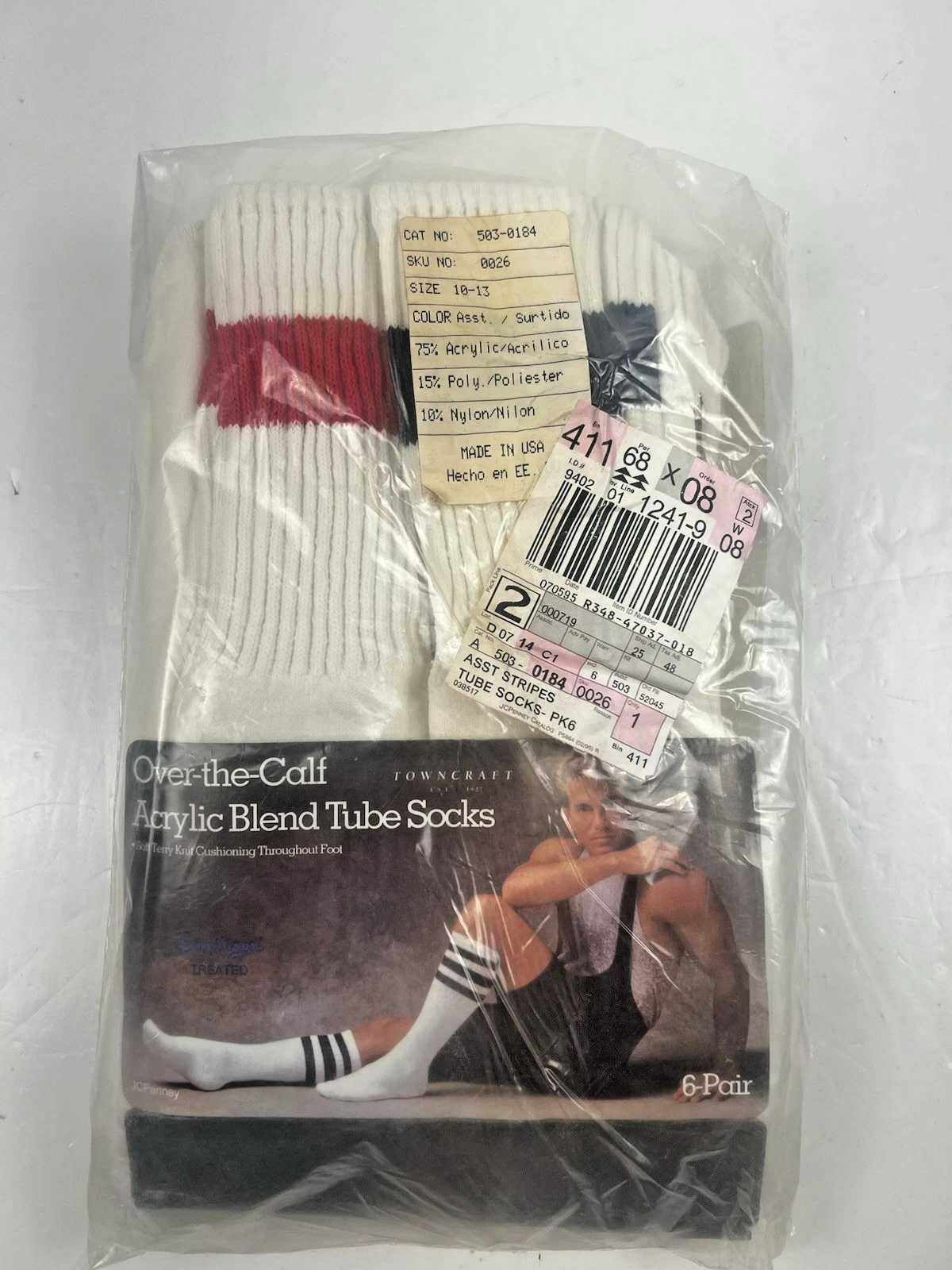 Towncraft Vintage Crew Length Striped Tube Socks 6 Pair NOS 1980’s USA Sz 10-13
