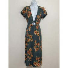 Lulus Fall Low Cut Midi Dress XS Forest Fairy Green Floral Girly Wedding Guest