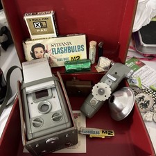 Vintage  50s Anscoflex II 2 Camera Original Case Flash Batteries Bulbs Lot Ansco