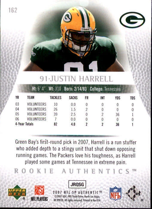 B0364- 2007 SP Authentic #162 Justin Harrell RC /999 - NM-MT - Image 2 of 2