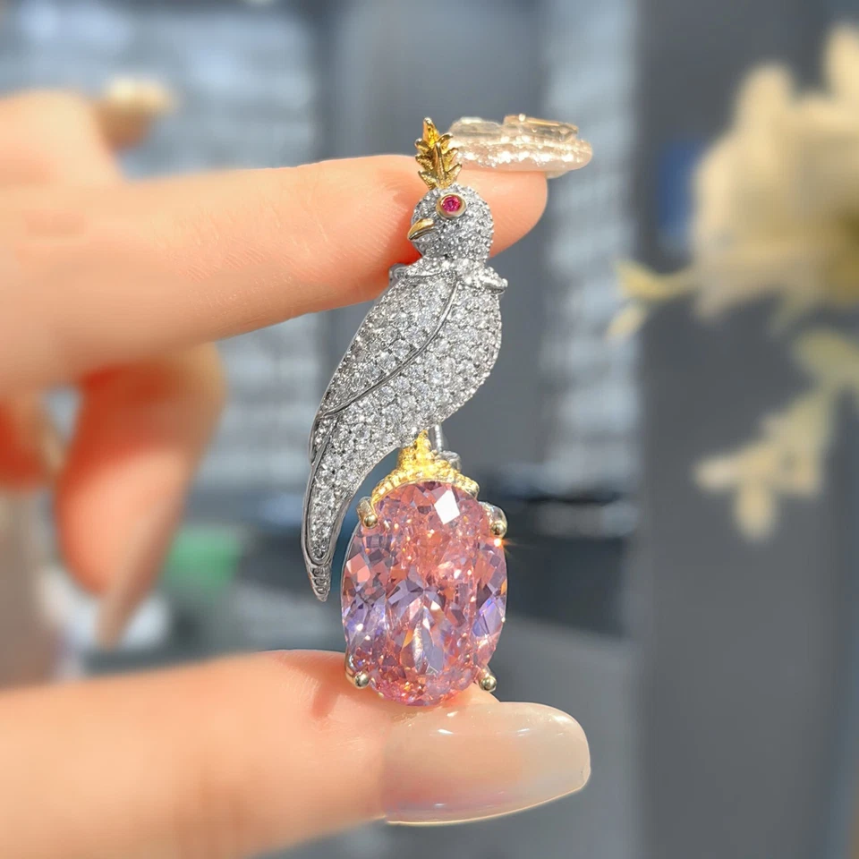 New Bird Design Oval Pink Topaz Gemstone Two Usage Women Silver Necklace Brooch - Image 2 of 4