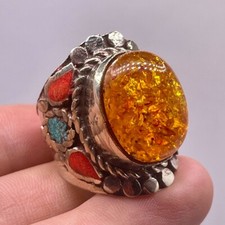 Antique Tibetan Butterscotch Baltic Amber Stunning Brass Unique Adjustable Ring