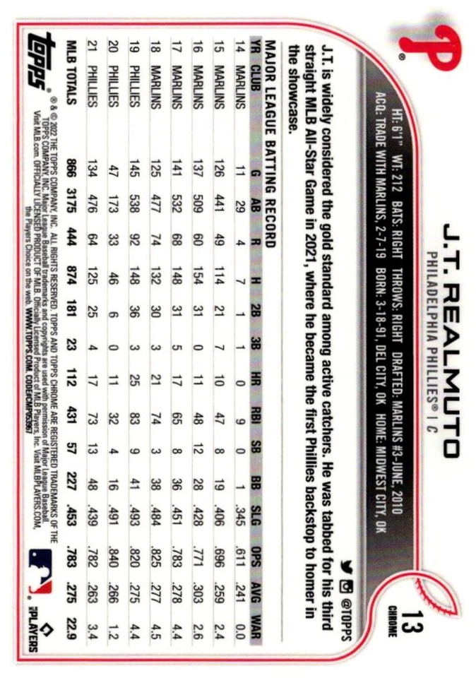 2022 Topps Chrome J.T. Realmuto Philadelphia Phillies #13 - Image 2 of 2