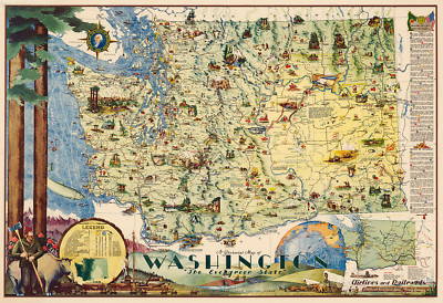  Pictorial Map of Washington The Evergreen State Wall Poster Vintage