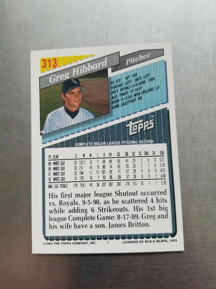 1993 TOPPS GOLD BASEBALL CARD GREG HIBBARD #313 4 - Image 2 of 2