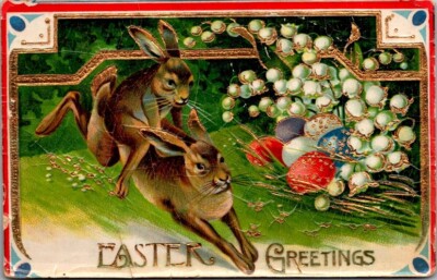 Postcard Rabbit Rides Other Rabbit Past Hidden Eggs...Easter Greetings      Z499
