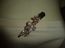  23/4A HAIR CLIP GOLD TONE w RHINESTONES  FAUX PEARLS  3" L x 1" W