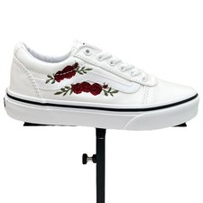 Vans Youth Girl's Canvas Casual Shoes Size 1Y White-Red Rose Embroidery Lace up