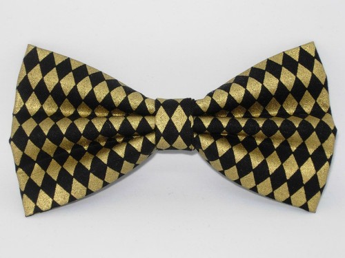 Retro Black & Gold Bow tie / Metallic Gold Diamonds on Black / Pre-tied Bow tie