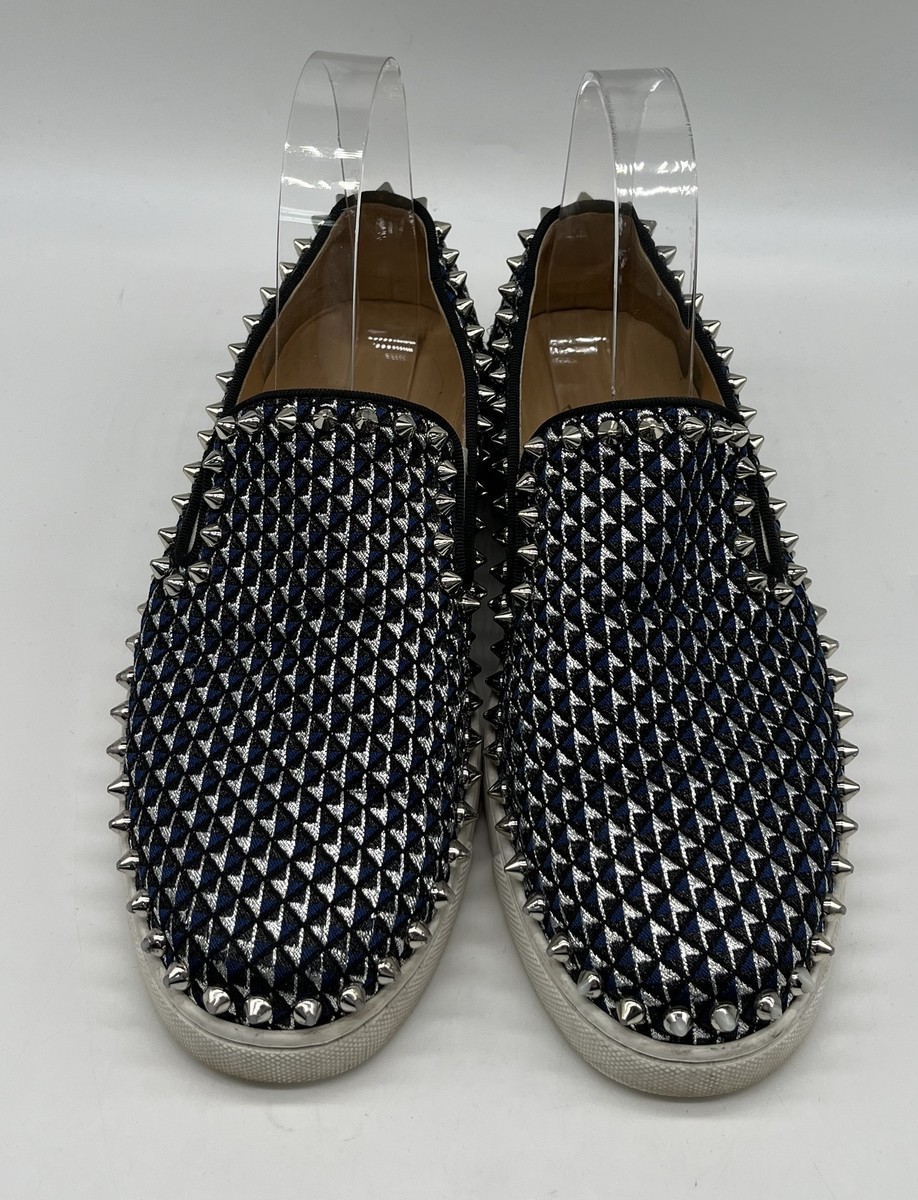 Christian Louboutin Denim/Silver Printed Studded Trim Slip