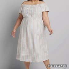 Lane Bryant Off Shoulder Midi Dress Rainbow Striped Linen Blend Women 26/28 EUC
