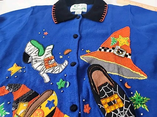 Quater Factory Cardigan Sweater L Blue Halloween Sequins Hats Shoes Moon Stars - Picture 10 of 12